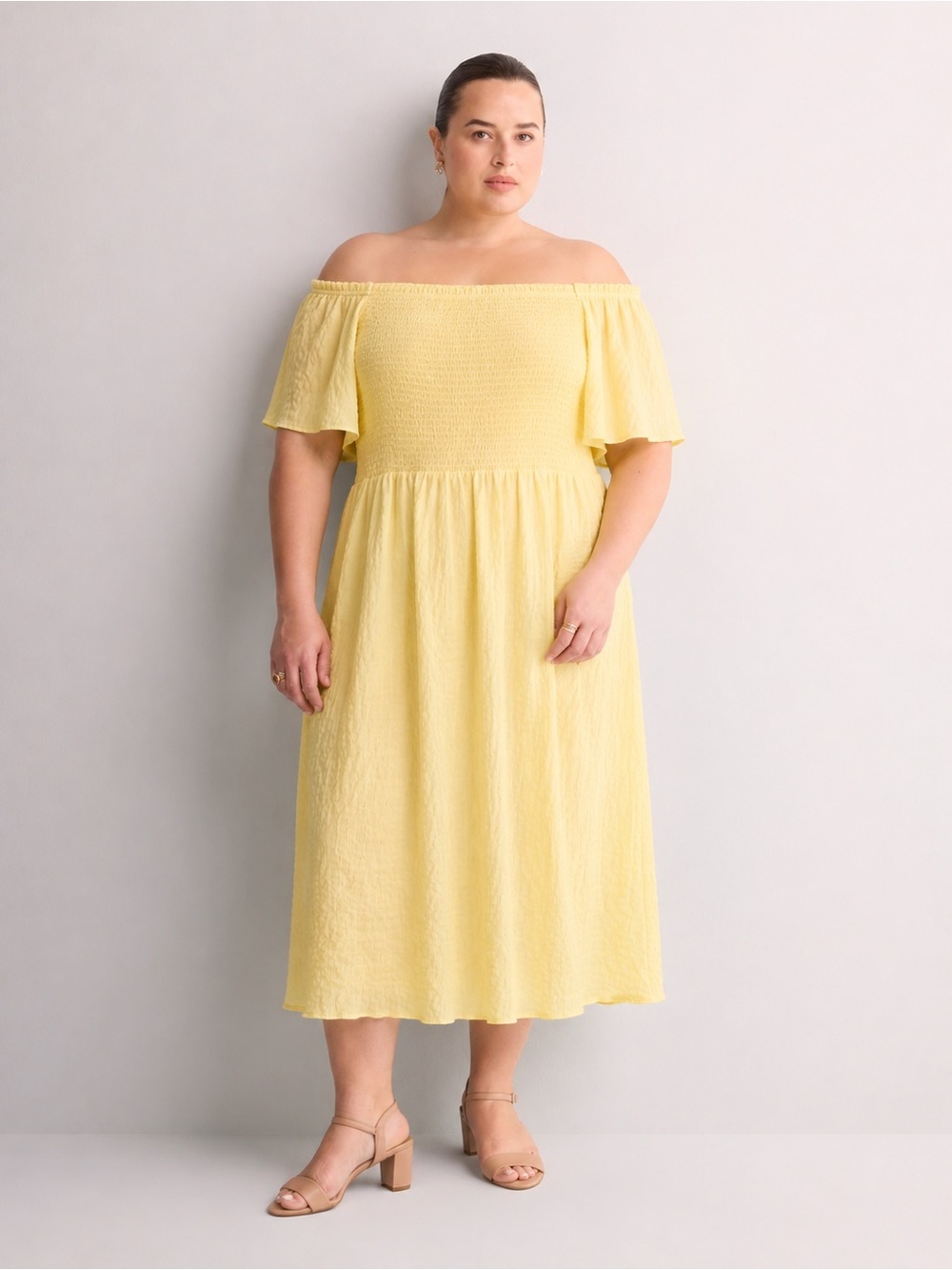 Penningtons Yellow Smocked Off Shoulder Midi Dress 1X Cottagecore Boho Summer